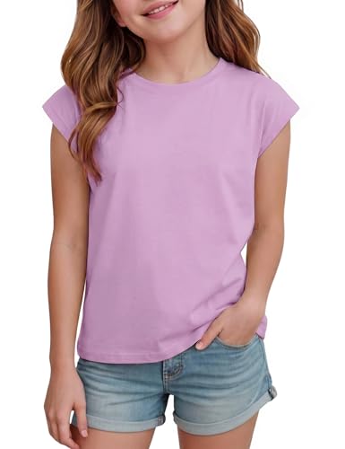 Demegimi Tee Shirt Fille T Shirt Fille Col Rond Enfant Léger Respirant Basic Été 9-10 Ans, Violet