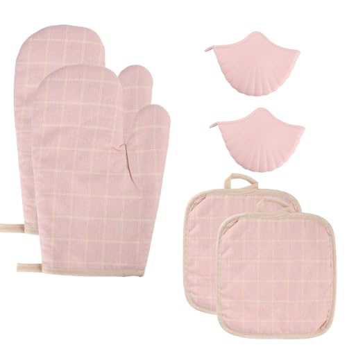 6-Piece Oven Mitts Set, Heat Resistant Gloves with Potholder for Baking Cooking, Pink Kitchen Gloves