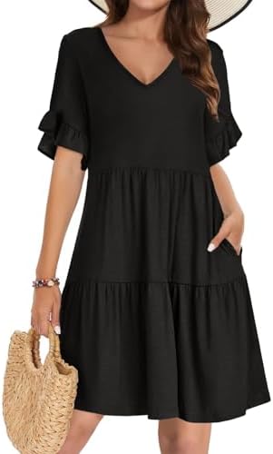 AUNEAL Summer Dresses for Women 2025 Loose V Neck Ruffle Sleeve Tiered Flowy Casual A Line Mini Beach Dress with Pockets XL D-Black