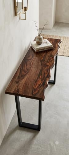 Image of Sheesham Wood Live Edge Console Table for Living Room & Entryway | Solid Wooden Legs | Modern Hallway Sofa Table | Rustic Accent Table for Foyer, Fish Tank & Bedroom | Light Walnut Finish