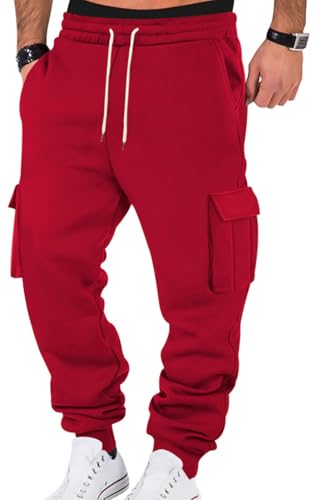 WINKEEY Pantalon Jogging Homme Pantalon Survetement Homme Jogging Cargo avec Poches, Rouge S