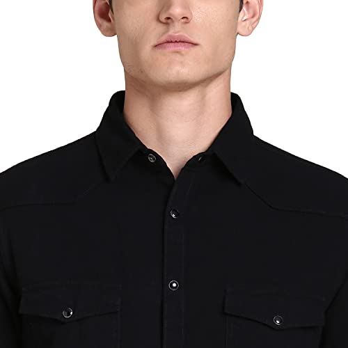 Image of Dennis Lingo Men's Solid Denim Cotton Slim Fit Full Sleeve Casual Shirt with Flap Pockets and Snap Buttons