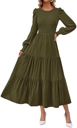 KIRUNDO Fall Dresses for Women 2025 Long Sleeve Maxi Wedding Guest Smocked Crew Neck Empire Waist A Line Flowy Long Dress