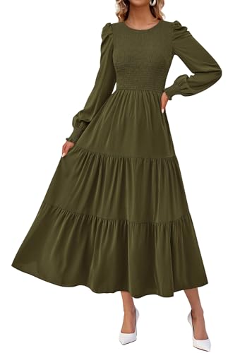 KIRUNDO Fall Dresses for Women 2025 Long Sleeve Maxi Wedding Guest Smocked Crew Neck Empire Waist A Line Flowy Long Dress