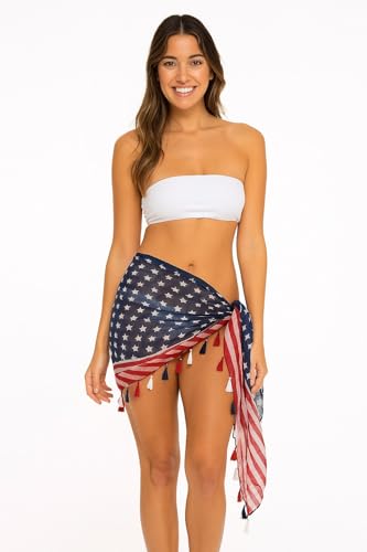 American Flag Triangle Scarf for Women – Lightweight Patriotic USA Wrap with Tassels – Sheer Stars & Stripes Sarong for Parade, Rally, Concert, (120x120x210 cm)3