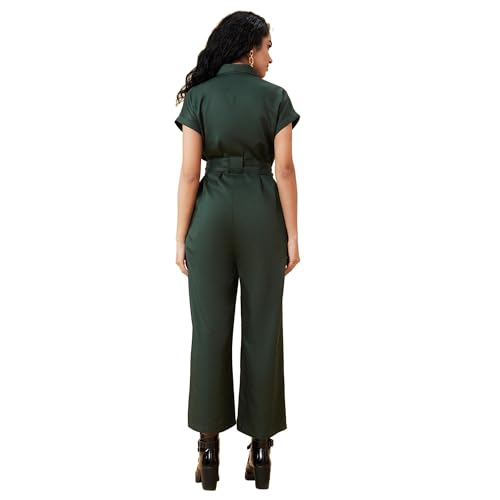 Image of Globus Women Olive Solid Shirt Collar Jumpsuit with Waist Tie-Up-3638458001