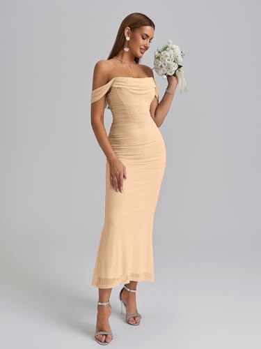 Image of KUTUMAI Off The Shoulder Maxi Long Dress Corset Ruched Bodycon Cocktail Formal Wedding Guest Dresses for Women