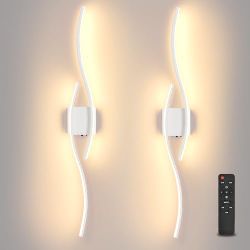 Image of Battery Powered Wall Sconces Set of 2, White 39.4 inch LED Dimmable Wall Sconce with Remote Control /Timer /Memory, USB Rechargeable Wall Lights for Living Room Bedroom Hallway