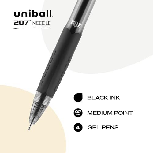 Image of uniball 207 Needle Retractable Gel Pens, Medium Point (0.7mm), Black, 4 Pack