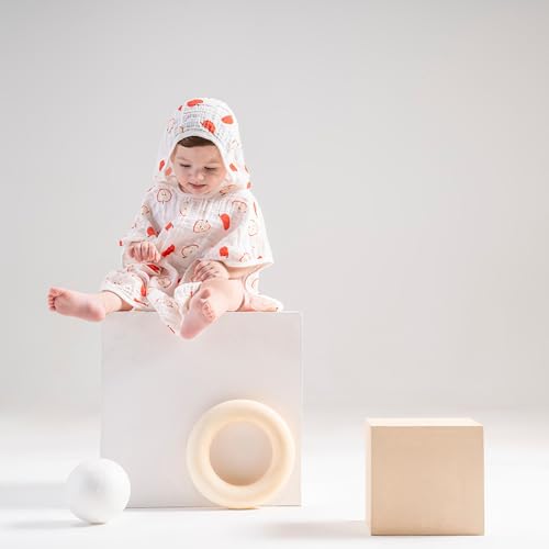 Image of 100% Cotton Muslin Baby Bath Poncho - Soft & Absorbent Hooded Towel for Infants & Toddlers, Lightweight and Breathable, Perfect (Apple)
