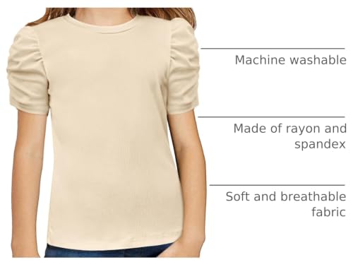 Image of Arshiner Girls Puff Short Sleeve Shirts Summer Ribbed Knit Crewneck T Shirt Tops Tee Blouse