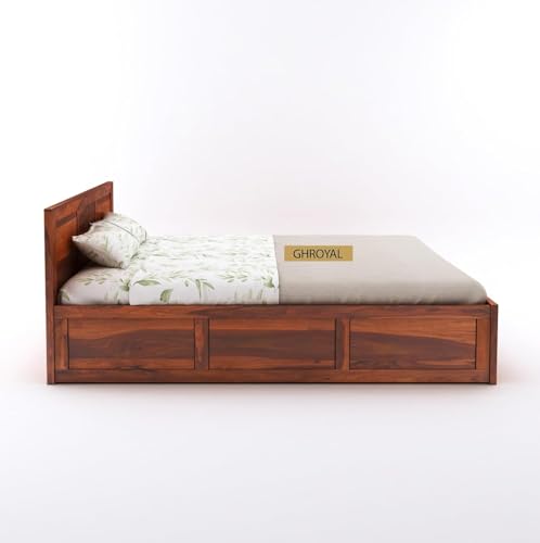 Image of Solid Sheesham Wood King Size Bed with Hydraulic Storage | Wooden Double Bed Cot Bed Furniture for Bedroom Living Room and Home (Honey Finish) - 1 Year Warranty