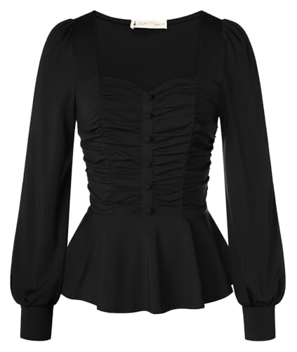 Belle Poque Peplum Tops für Damen Puffärmel Quadratischer Ausschnitt Gerüschte Vorderseite Blusen Oberteile