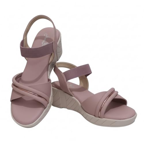 Aelly Belly Women's Comfort Sandals with Elastic Strap, Black, Nude, Beige, Peach, with Metallic Trim Stylish Fashion Sandal, Casual Platform Wedges Heels Sandals For Womens & Girls Ideal for Casual Party Office and Formal Wear (Peach, UK Footwear Size System, Adult, Women, Numeric, Medium, 5)