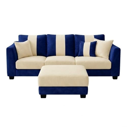 Image of Revo 4 Seater L Shape Sofa Set with Movable Ottoman | Flexible Left or Right Layout | Luxury Velvet Suede Fabric | Modern Living Room Sofa | Dark Blue-Cream