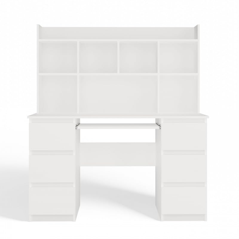 CDF Schreibtisch mit Aufsatz Computertisch 6 Schubladen Tastaturauszug Arbeitstisch Regal Bürotisch Modernes Design Home Office 130 x 51 x 146 cm - Weiß