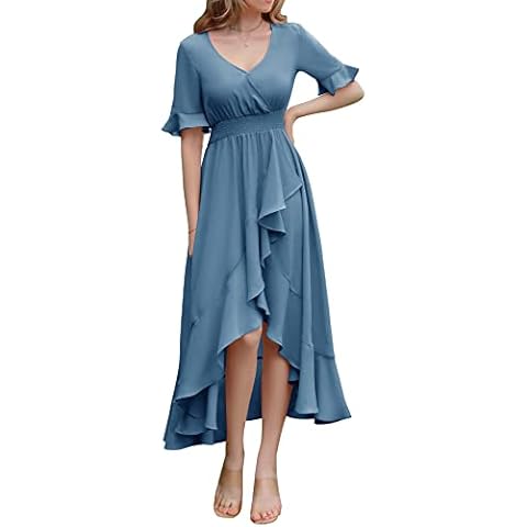 Aonour Women's Smocked Casual Dresses 2023 Summer Dress V Neck Ruffle Dress Short Sleeve Midi Dress High Low Beach Wedding Guest Dresses High Waist Graduation Dress ARC1001DustyblueL Cover