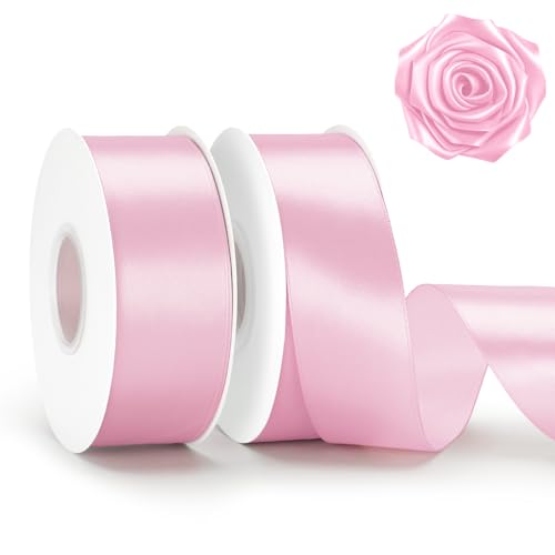 KINGLAKE Pink Satin Ribbon - 1-1/2 Inch x 2 Rolls Baby Pink Ribbon for Gift Wrapping Roses Making 100 Yards Pastel Ribbons for Crafts Bouquets Wedding Baby Shower Birthday Mothers Day Decor
