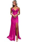 Lvloet Sequin Prom Dresses Hot Pink Mermaid Evening Dress with Slit Sparkly Spaghetti Straps Backless Long Party Gowns for Women Size 2
