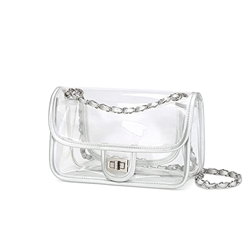 Image of Womens PVC Clear Purse Handbag with Chain Stadium Approved Clear Bag See Through Bag for Working and Concert
