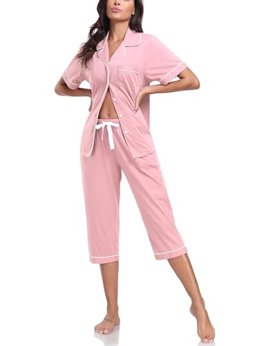 Image of COLORFULLEAF 100% Cotton Capri Pajama for Women Set Summer Short Sleeve Pj Sets for Women Cotton Sleepwear