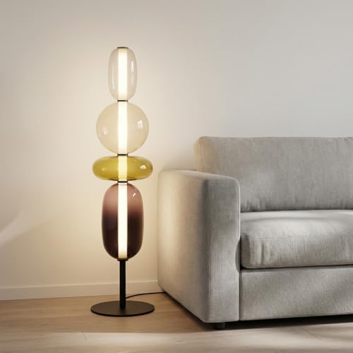 Image of Modern Glass Floor Lamp with 4 Shaped Shades, Minimalist Standing Lamp with 3 Color LED, Floor Lamp for Living Room, Bedroom, Corner, Home Decor