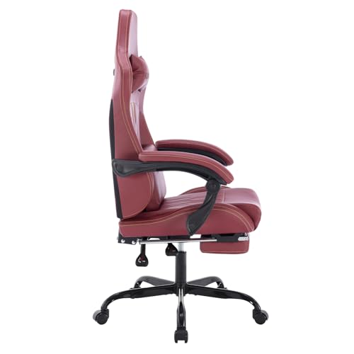 Image of Gaming Chair with Footrest Ergonomic Computer Chair Massage Lumbar Cushion, Racing Video Game Chair Adjustable Rocker Recliner Executive Office Desk Chair Pu Leather for Adults, WineRed