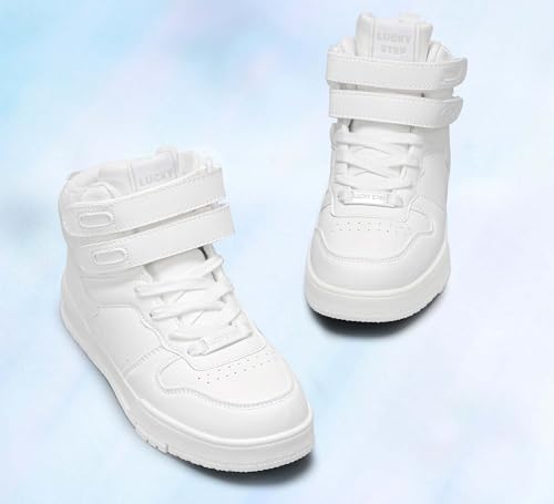 Image of LUCKY STEP Women High Top Fashion Sneakers Ankle Boots | Basketball Walking Tennis Shoes Platform Hook and Loop Faux Leather Sneaker