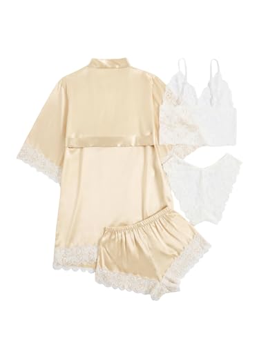 Image of SOLY HUX Women's Satin Pajama Set with Lace Trim - 4-Piece Sleepwear & Robe