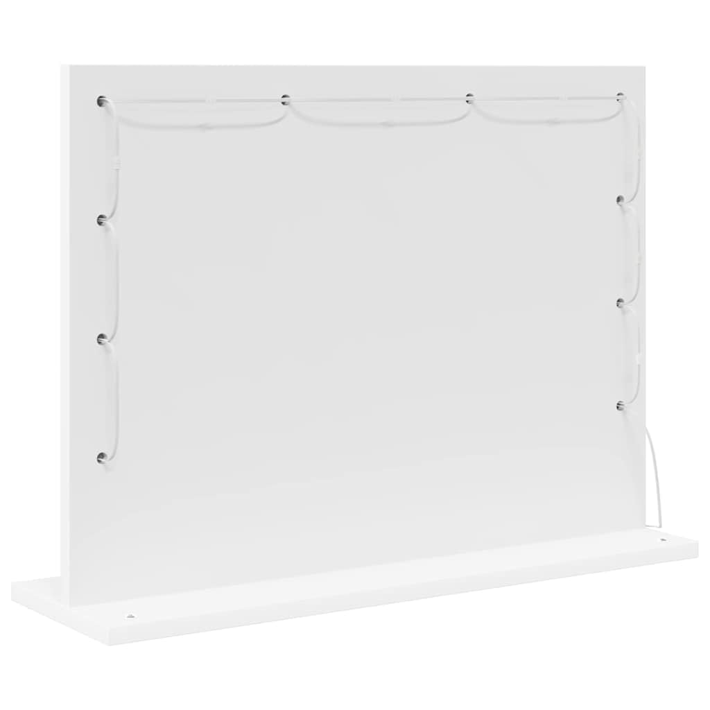 Espejo de tocador blanco de cristal y madera chapeada 60 x 45 x 18 cm, espejo de maquillaje LED con luz blanca cálida, alimentado por USB, para dormitorio, baño, pasillo y armario