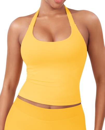 Image of YEOREO SoftHue Women's Impact Halter Tank Top Longline Backless Scoop Neck Built-in Bra Sports Workout Gym Crop Top