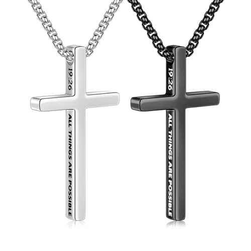 Ursteel 2 Pcs Black Silver Cross Necklace for Men - Inspirational Bible Verse Cross Chain for Men Stainless Steel Cross Pendant Necklace for Men Gifts, Box Chain 18-24 Inch
