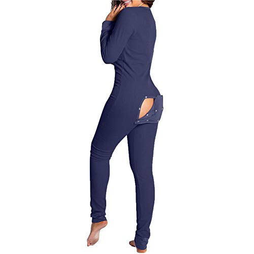 Mono sexy con cuello en V para mujer, pijama con botón trasero, pijama de una sola pieza, pijama bodycon mameluco de chándal, azul oscuro, S
