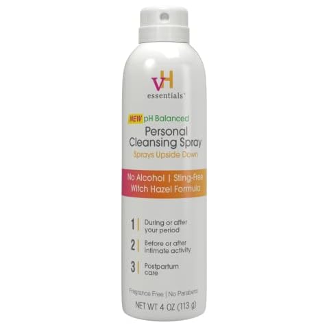 vH essentials Personal Cleansing Spray, pH Balancing Lactic Acid, Sting-Free, Witch Hazel Formula, Fragrance free, Paraben free, Sprays upside down for easy external intimate cleansing, 4 floz Cover