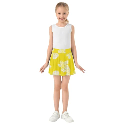 Joisal White Hibiscus Flowers Yellow Kids Tennis Skirts Flowy Girls' Shorts Athletic Skorts Pleated Skort 4t3
