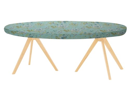 Image of The Furnishing Tree Elastic Cotton Oval Dining Table Cover 36x48 in Inches Floral Golden Leaf on Blue Base
