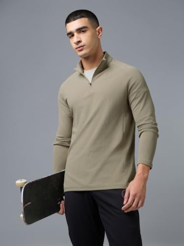 Image of TECHNOSPORT Men's Solid Full Sleeve T-Shirt ELASTOPLUS Quick Dry Slim Fit Mock Neck Sports Tee for Training Layering Casual Wear UPF50+ Anti Odour