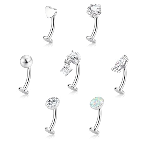ORAZIO 7 Pcs Belly Button Ring Surgical Steel Hypoallergenic Floating Belly Button Rings for Women Flat Back CZ Opal Internally Threaded Long Bar Navel Piercing Jewelry 14G Gold Silver Tone 8mm S1