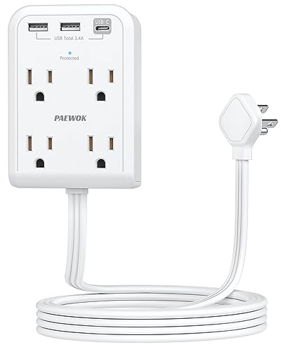 Image of Surge Protector Power Strip, Outlet Extender Stick with USB C Ports, 4 Outlet 3 USB, Extension Cord Flat Wall Plug 6 FT, Home Office Dorm Room Essentials, White