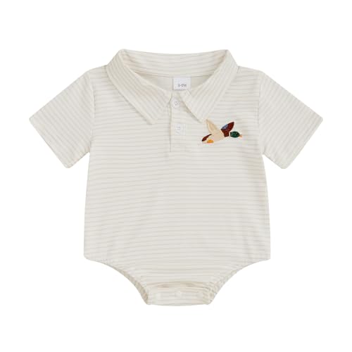 Baby Boy Polo Romper Mallard Duck Button Down Striped T-Shirt Onesie Short Sleeve Collar Bodysuit Summer Outfit