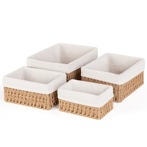 Otauoaea Lot de 4 Paniers de Rangement en Osier avec Doublure, Rangement Salle de Bain Paniers pour Etagères Corbeilles Tressées Empilables pour, Cuisine,...