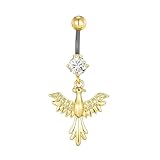 EIRWNFIRETSI New 2026 Golden Zircon Phoenix Pendant Navel Ring Dangling 14G 6-16Mm G23 Titanium Bar Belly Button Piercing Women Luxury Fashion Jewelry Accessories Creative Gift