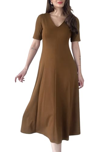 FairBeauty Women’s Elegant V-Neck Midi Dress Short Sleeve Fit and Flare A-Line Business Work Dresses