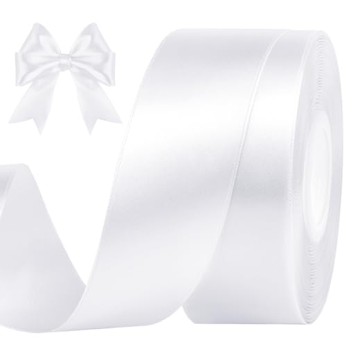 CLUEWR 1-1/2 Inches 50 Yards White Satin Ribbon, Solid Fabric Ribbon Roll for Flower Bouquets, Gift Wrapping, Wedding, Handmade Crafts
