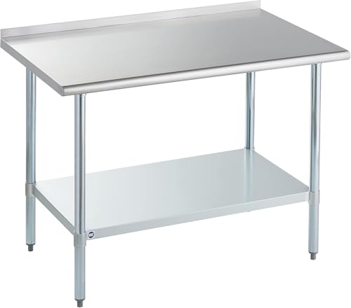 Image of ROCKPOINT Stainless Steel Table for Prep & Work with Backsplash 30x48 Inches, NSF Metal Commercial Kitchen Heavy Duty Table with Adjustable Under Shelf and Table Foot for Restaurant, Home and Hotel