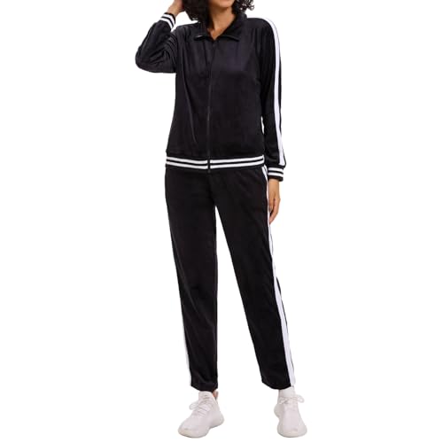 Women's Velour Tracksuit Zip-Up Jacket and Jogger Pants with Pockets Sweatsuit Loungewear Set 2 Piece Loose Fit