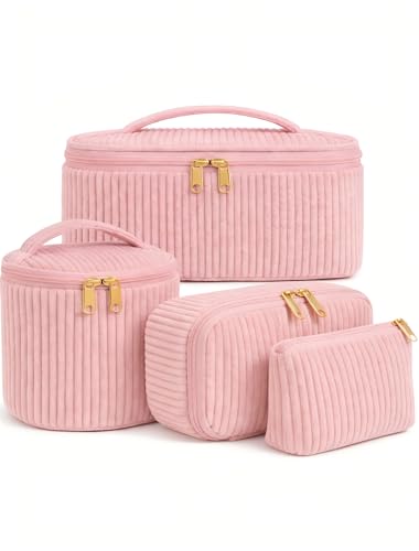 WELLTURN Set da 4 Beauty Case Donna in Velluto a Coste, Pochette Trucco con Manico, Grande Media Piccola Mini, Organizer Cosmetici per Viaggio e Uso Quotidiano, Rosa