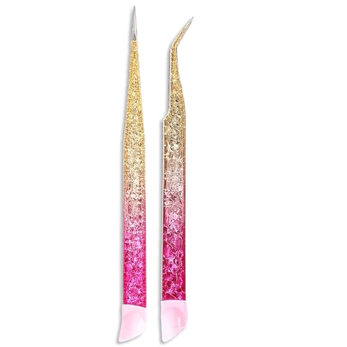 Ouligay 2Pcs Double Ended Nail Art Tweezers Stainless Steel Tweezer Straight Curved Tip Tweezers...