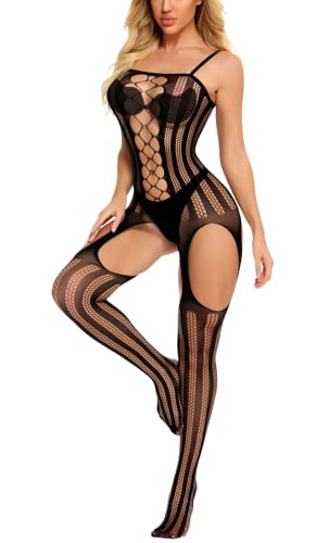 Sniff Rose Damen Reizwäsche Netzstrümpfe Spitze Bodystocking Netzwäsche Netz Bodies mit Ausschnitten Hosenträger Babydoll Nachtwäsche (Schwarz) Cover