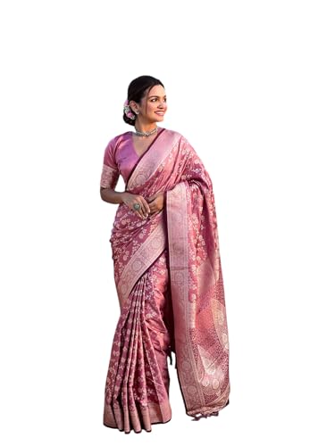 Image of Banarasi Satin Silk Zari Woven Dusty Color Saree with Unstitched Blouse Piece